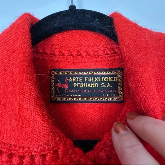 Handmade 100% Alpaca Peru Orange Embroidered Collared Poncho One Size - Picture 3 of 7